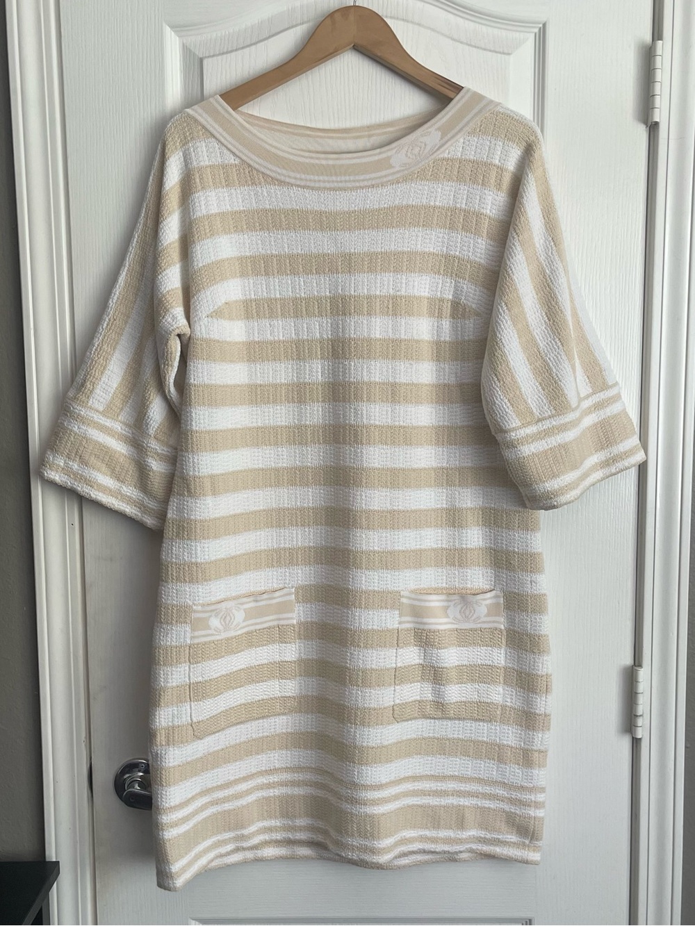 CHANEL Beige and White Striped Knit Tunic Dress